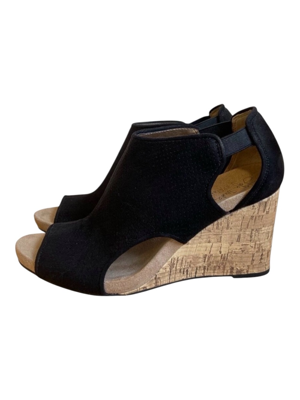 Life Stride Black Faux Suede Peep-Toe Cork Wedge Sandals HINX style Classic